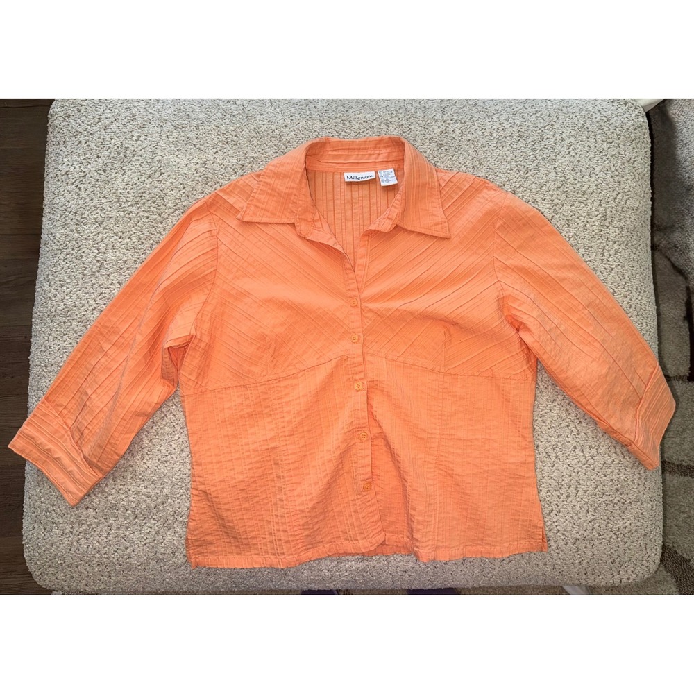 Millenium Mens Orange Textured Pleated Button Up Shirt 3/4 Sleeve Size XL